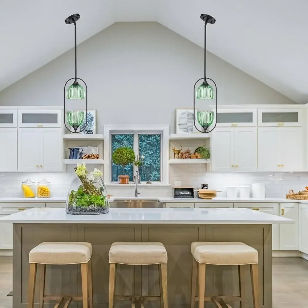 2 Light Tulip Green Glass Hanging Indoor Kitchen Island Pendant Ceiling Light